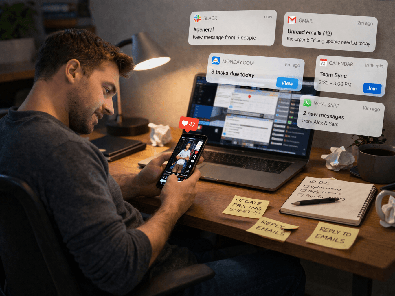 Founder distracted on a phone at a desk